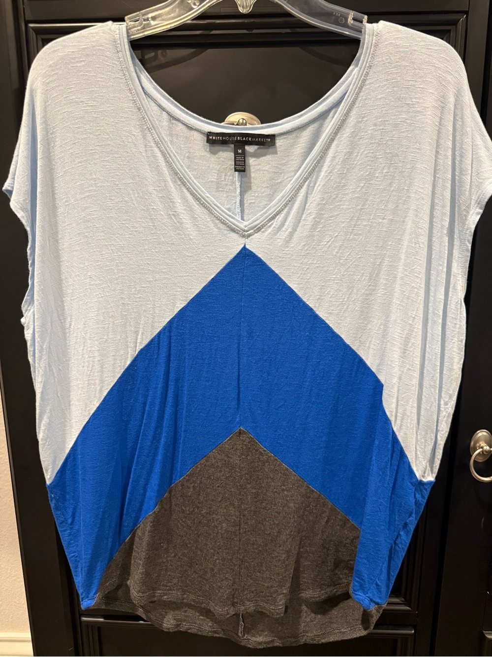 White House Black Market Light Gray Blue and Charcoal Colorblock V-Neck Top